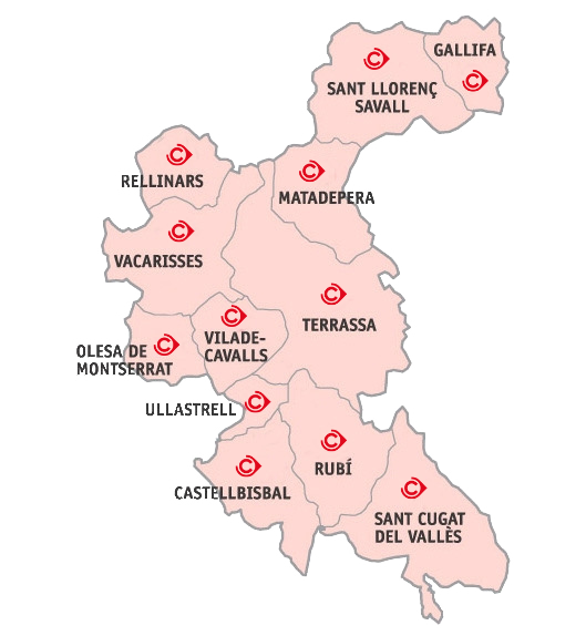 Mapa municipis de la demarcació de la Cambra de Comerç de Terrassa: Castellbisbal, Gallifa, Matadepera, Olesa de Montserrat, Rellinars, Rubí, Sant Cugat del Vallès, Sant Llorenç Savall, Terrassa, Ullastrell, Vacarisses i Viladecavalls